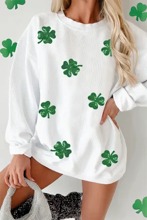 White Sequin Clover Patched Drop Shoulder Corded Sweatshirt