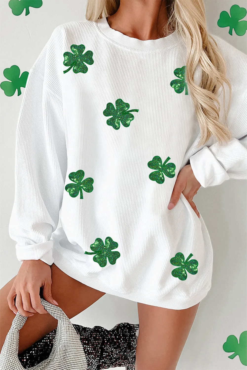 White Sequin Clover Patched Drop Shoulder Corded Sweatshirt
