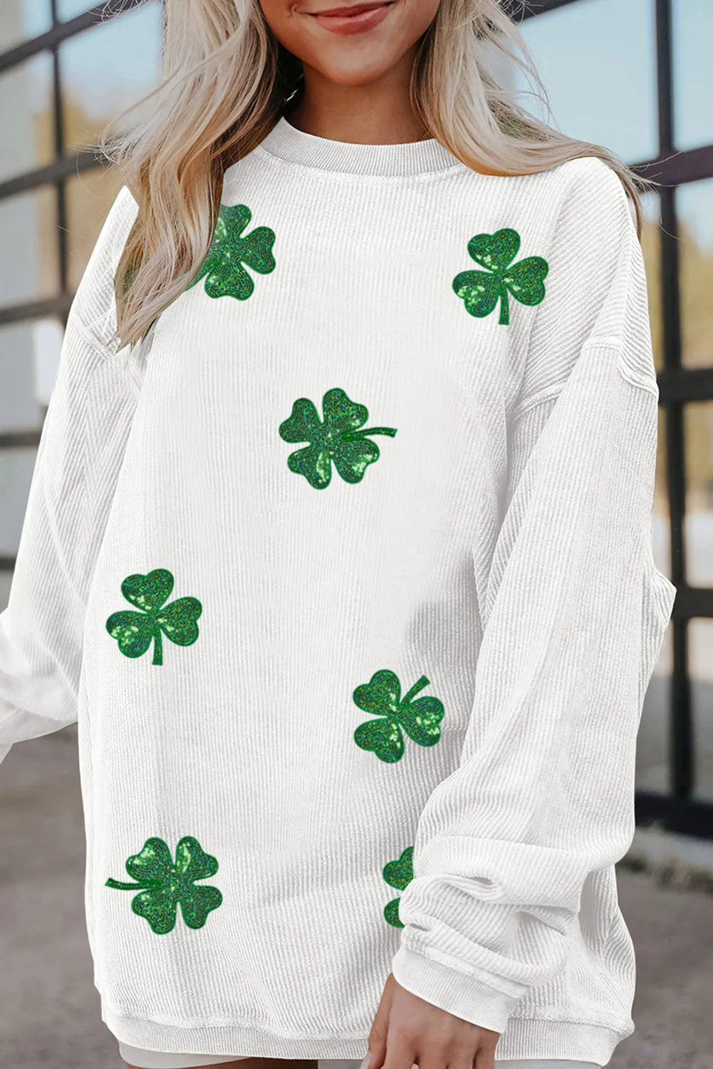 White Sequin Clover Patched Drop Shoulder Corded Sweatshirt