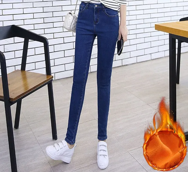 Winter Thicken Plush Velvet Lined Jeans Women