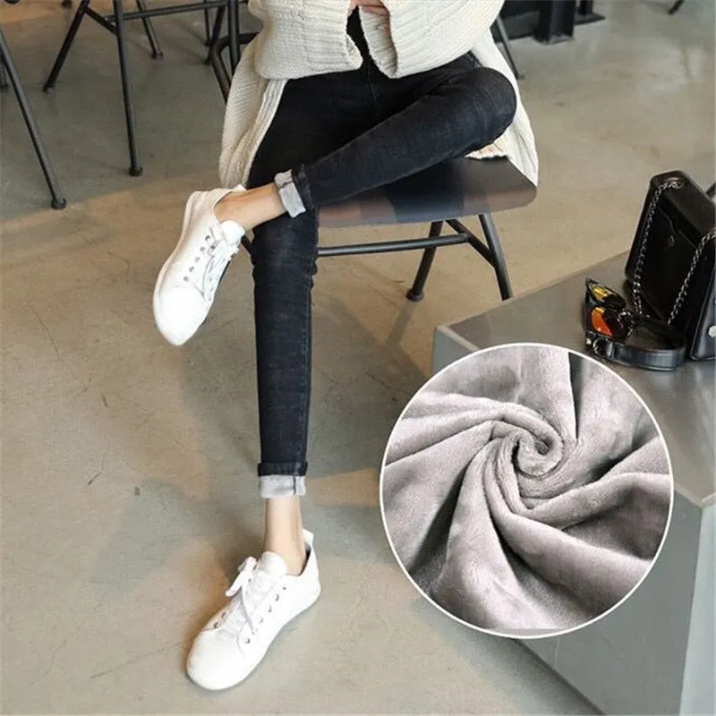 Winter Thicken Plush Velvet Lined Jeans Women