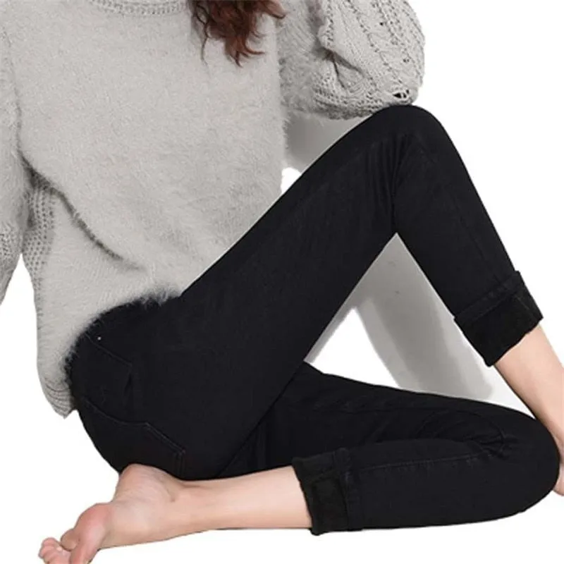 Winter Thicken Plush Velvet Lined Jeans Women