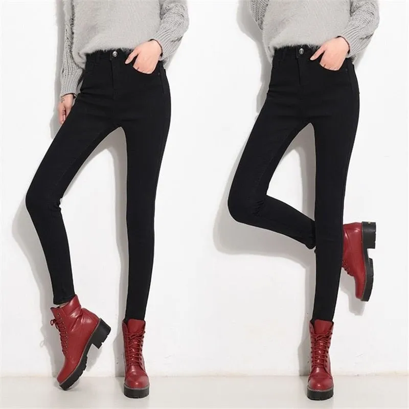Winter Thicken Plush Velvet Lined Jeans Women