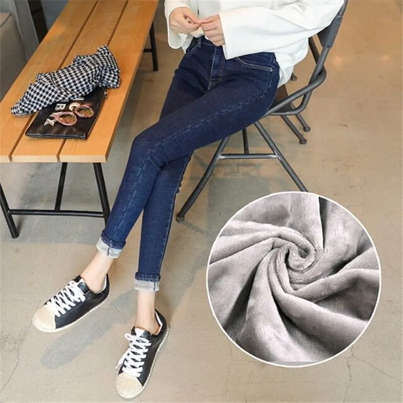 Winter Thicken Plush Velvet Lined Jeans Women