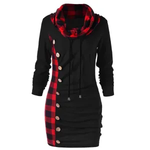 Women Bow-Neck Drawstring Plaid Patchwork Buttons Vintage Long Sweatshirt Top Jumper Hoodies Autumn Casual Outwear