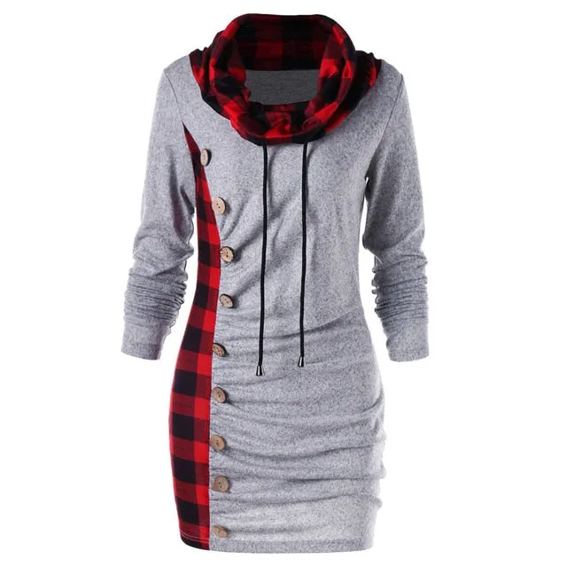 Women Bow-Neck Drawstring Plaid Patchwork Buttons Vintage Long Sweatshirt Top Jumper Hoodies Autumn Casual Outwear