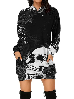 Women Halloween Rose Skull Graphic Print Hoodies