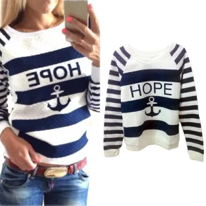 Women Hoodies Anchors Striped Causal Tracksuit Blue White Patchwork Sweatshirts Ladies Pullover