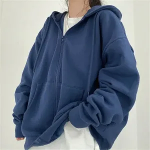 Women Hoodies Solid Colour Zip-Up Pocket Oversized Harajuku Female Long Sleeve Hooded Streetwear