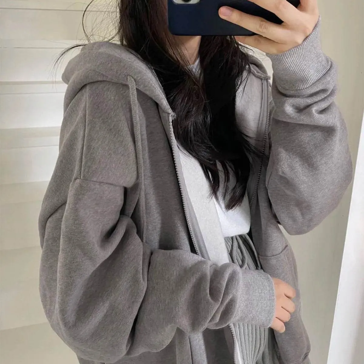 Women Hoodies Solid Colour Zip-Up Pocket Oversized Harajuku Female Long Sleeve Hooded Streetwear