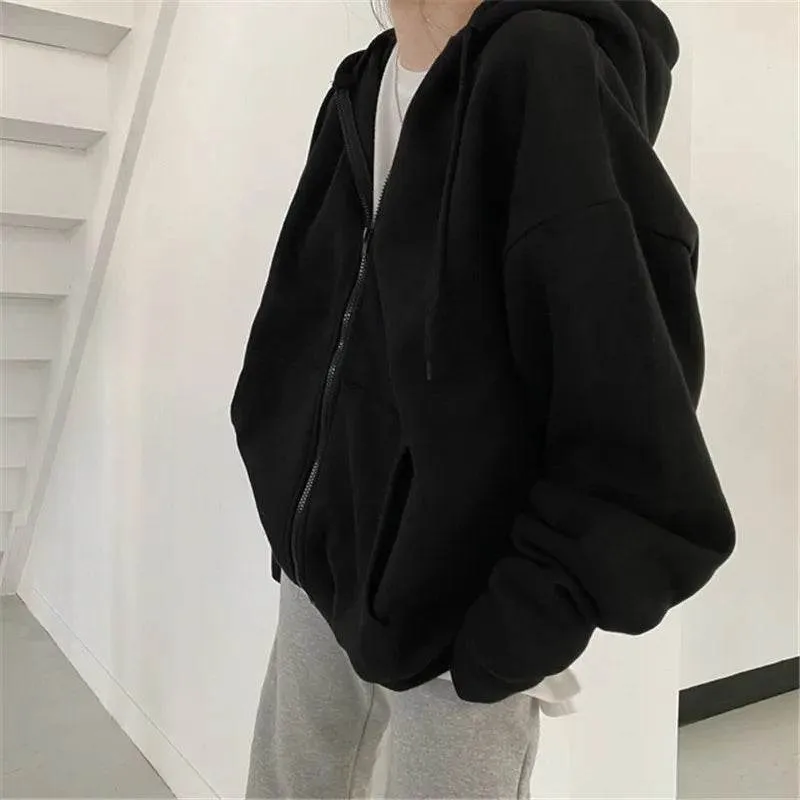 Women Hoodies Solid Colour Zip-Up Pocket Oversized Harajuku Female Long Sleeve Hooded Streetwear