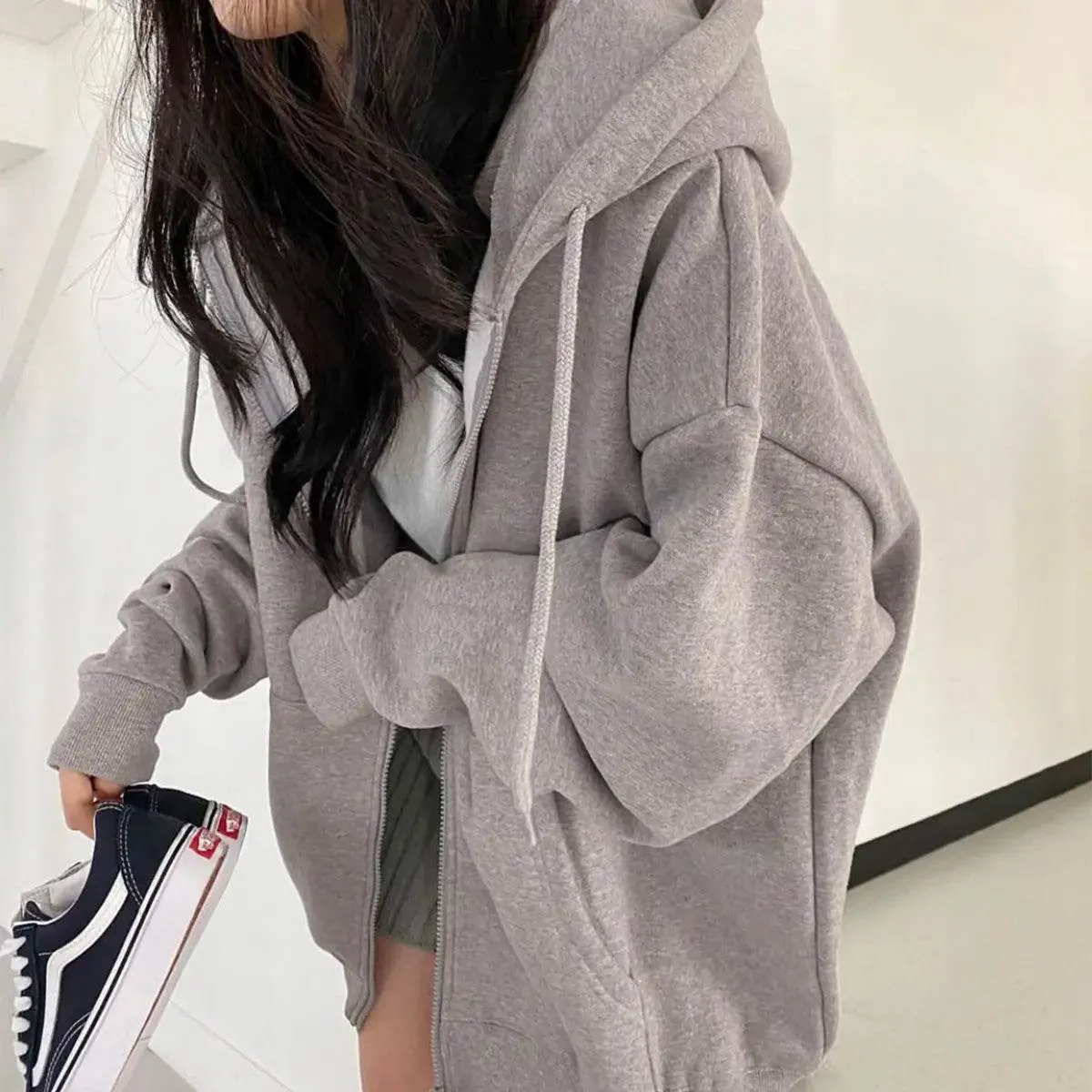 Women Hoodies Solid Colour Zip-Up Pocket Oversized Harajuku Female Long Sleeve Hooded Streetwear