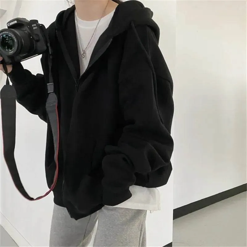 Women Hoodies Solid Colour Zip-Up Pocket Oversized Harajuku Female Long Sleeve Hooded Streetwear