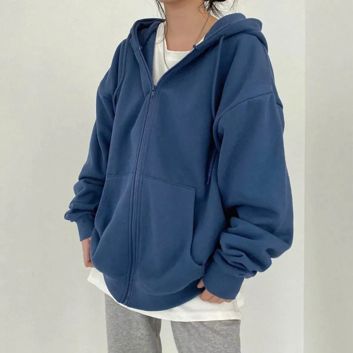 Women Hoodies Solid Colour Zip-Up Pocket Oversized Harajuku Female Long Sleeve Hooded Streetwear