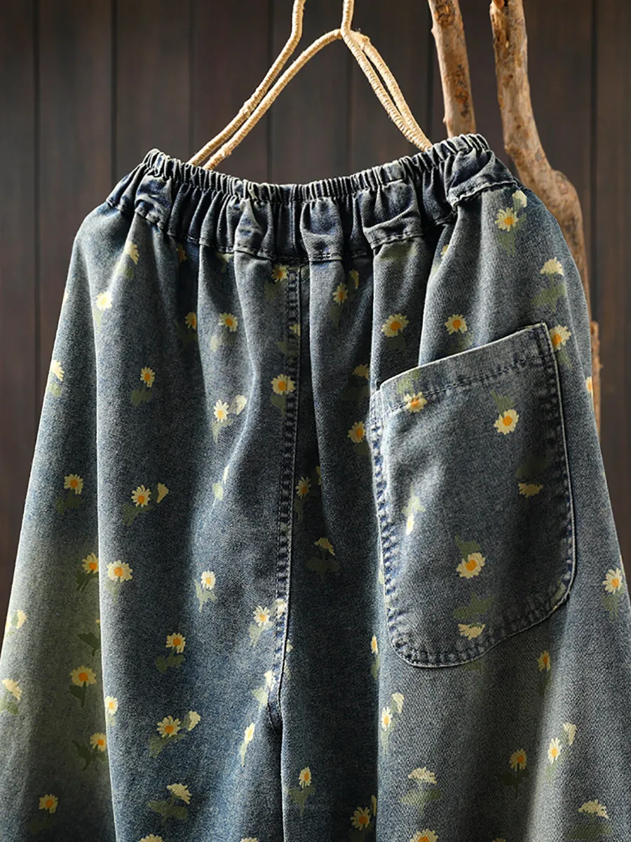 Women Spring Flower Denim Loose Harem Pants