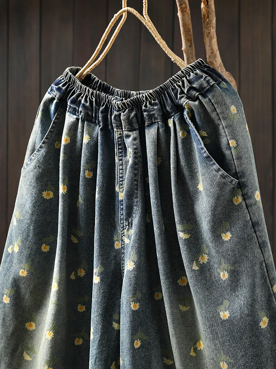 Women Spring Flower Denim Loose Harem Pants