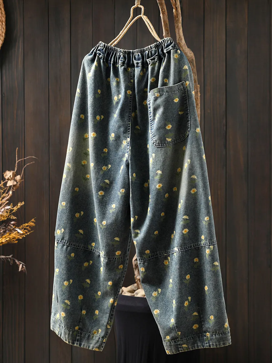 Women Spring Flower Denim Loose Harem Pants