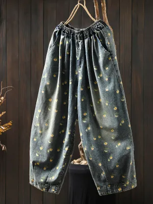 Women Spring Flower Denim Loose Harem Pants
