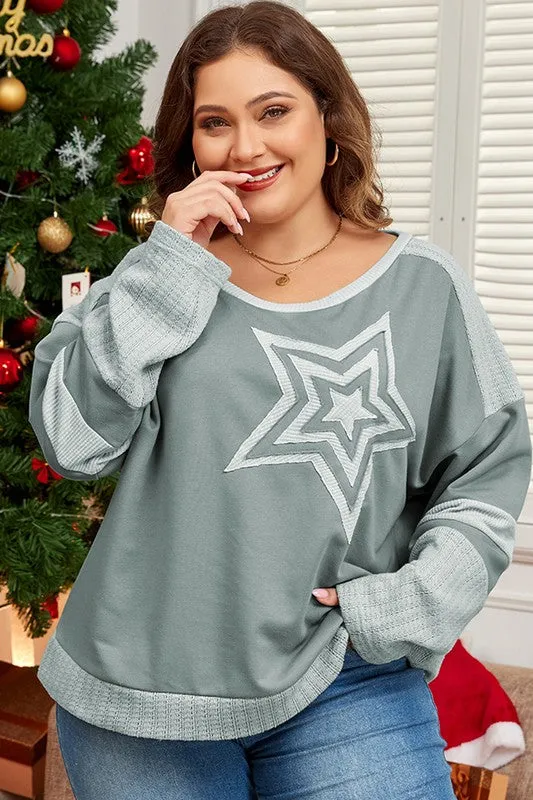 Women Stars Patchwork Round Neck Plus Size T Shirt