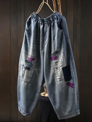 Women Summer Patchwork Frayed Denim Harem Pants