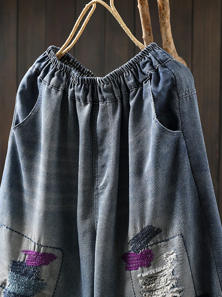 Women Summer Patchwork Frayed Denim Harem Pants