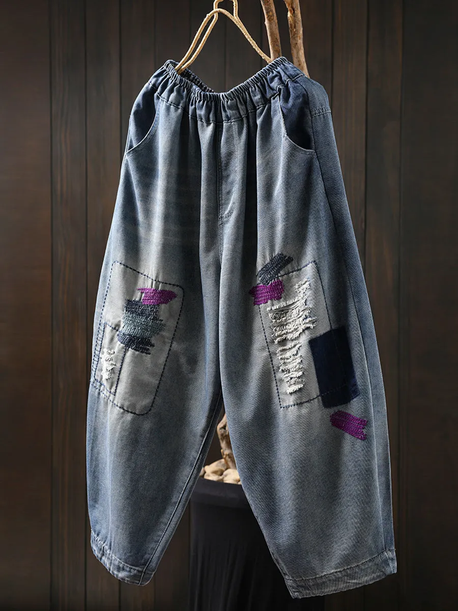 Women Summer Patchwork Frayed Denim Harem Pants