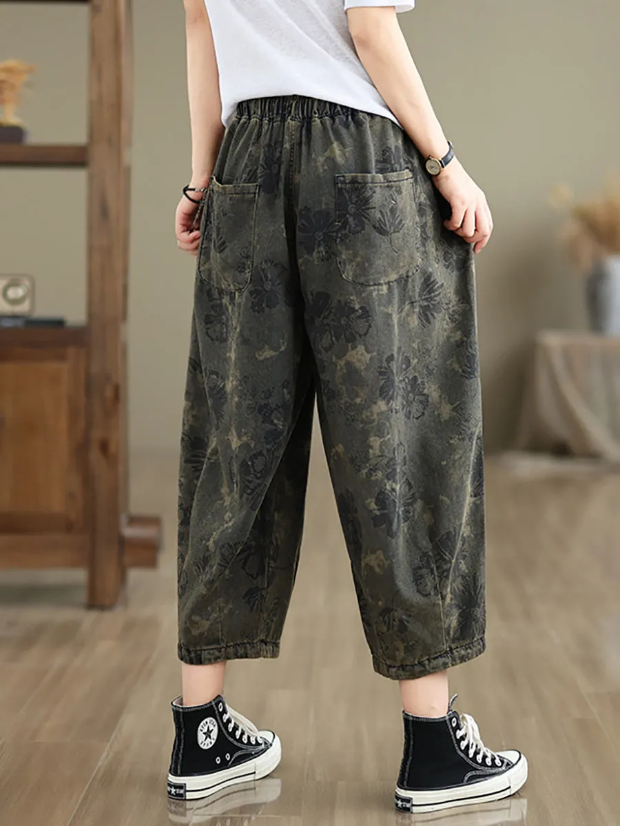 Women Summer Retro Flower  Denim Loose Pants