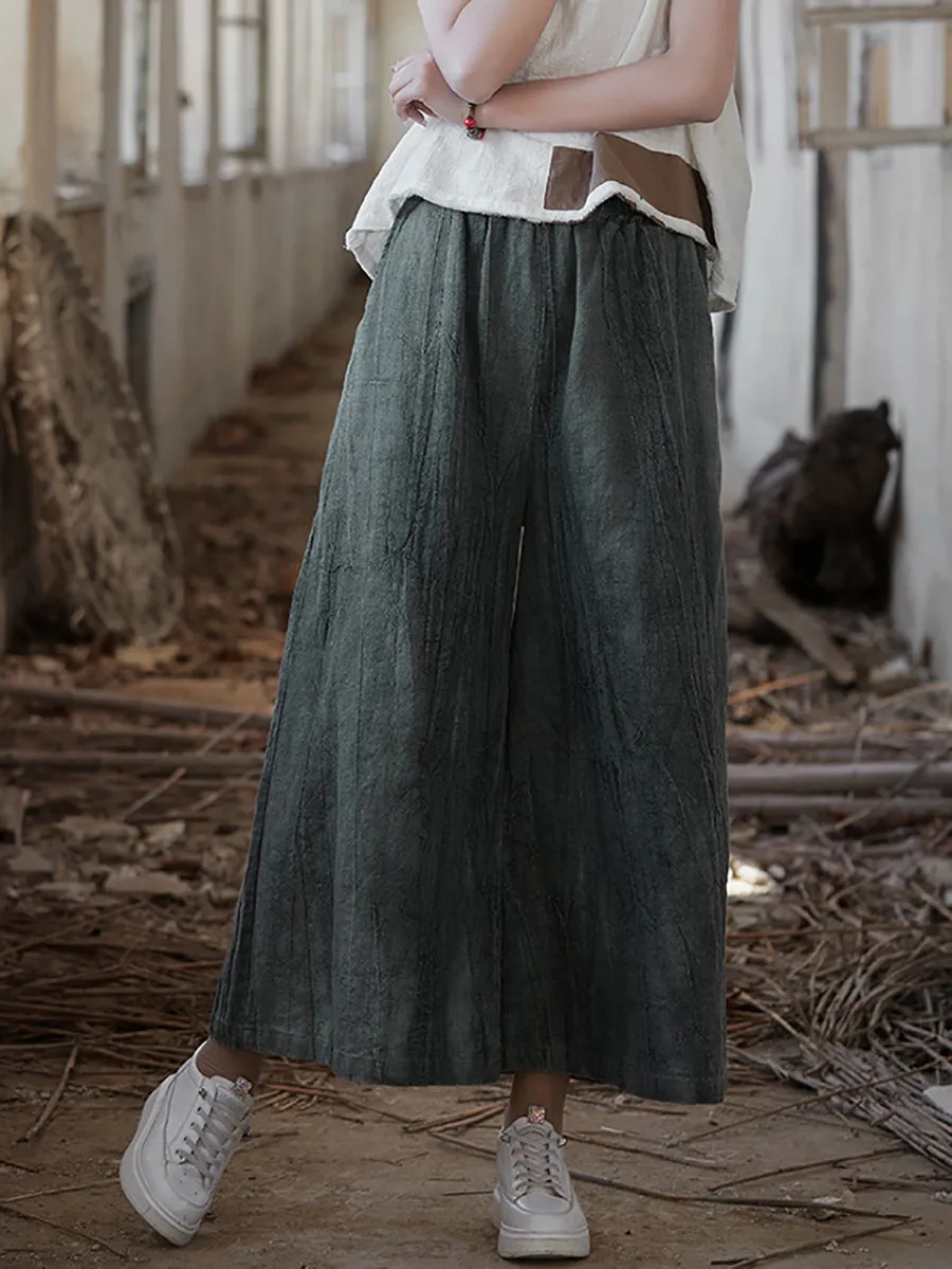 Women Vintage Summer Tie-dye Ramie Wide-leg Pants