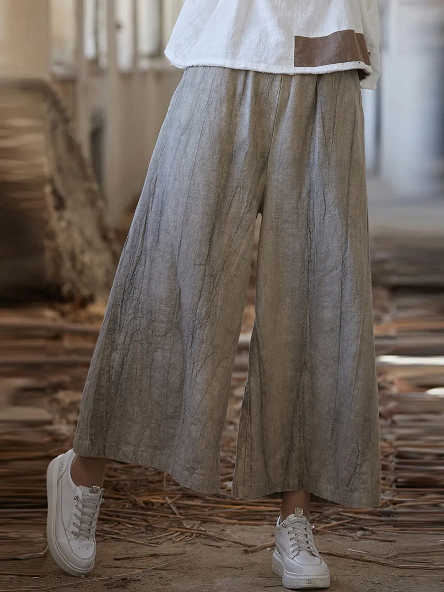 Women Vintage Summer Tie-dye Ramie Wide-leg Pants