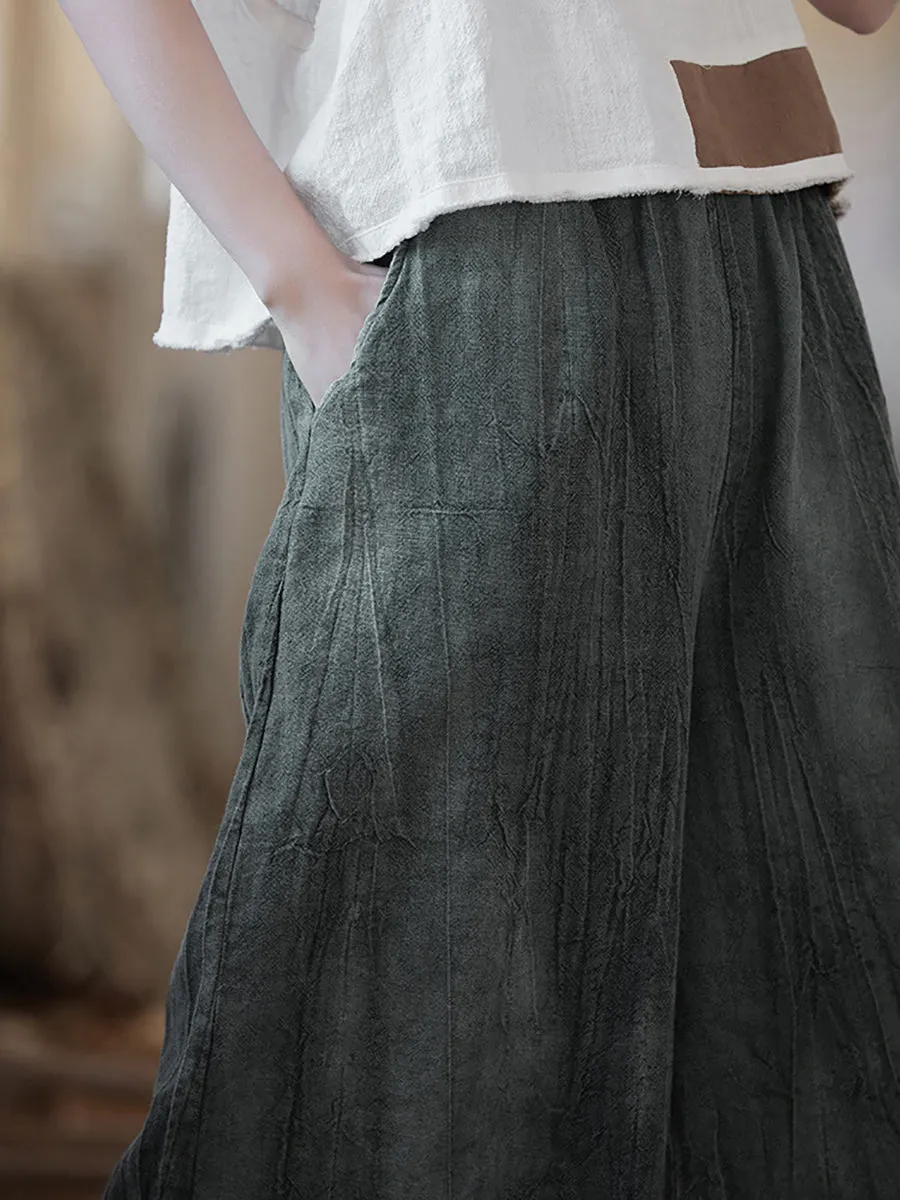 Women Vintage Summer Tie-dye Ramie Wide-leg Pants