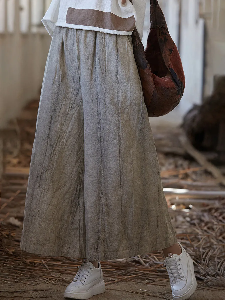 Women Vintage Summer Tie-dye Ramie Wide-leg Pants