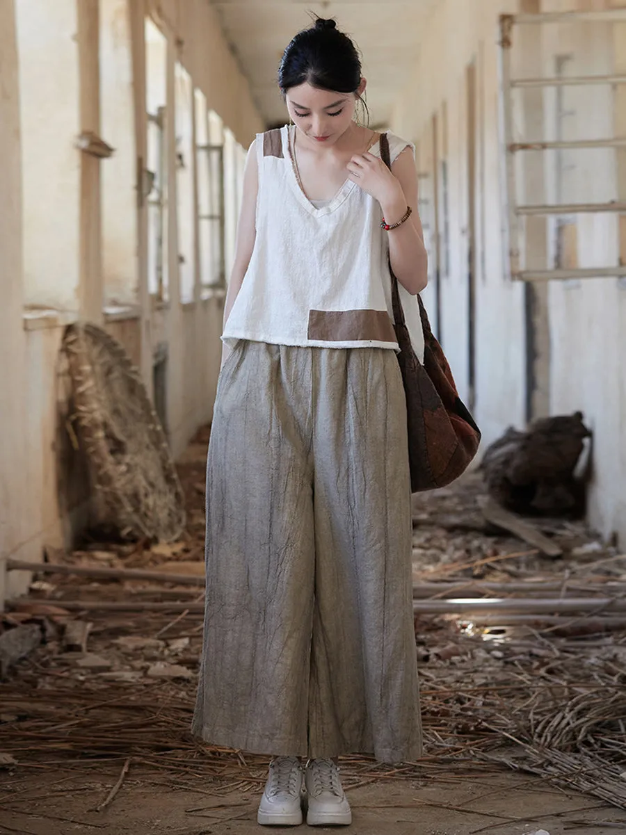 Women Vintage Summer Tie-dye Ramie Wide-leg Pants