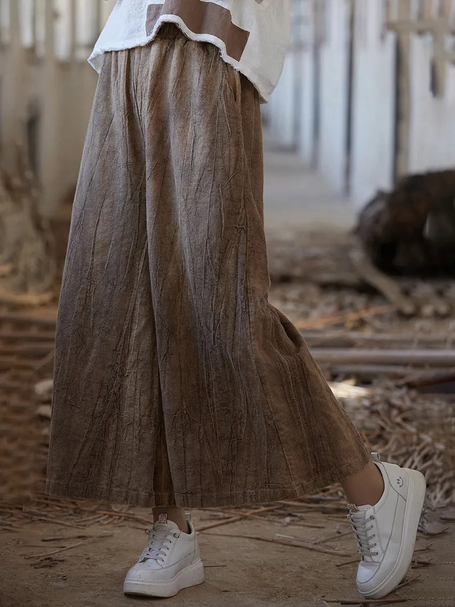 Women Vintage Summer Tie-dye Ramie Wide-leg Pants
