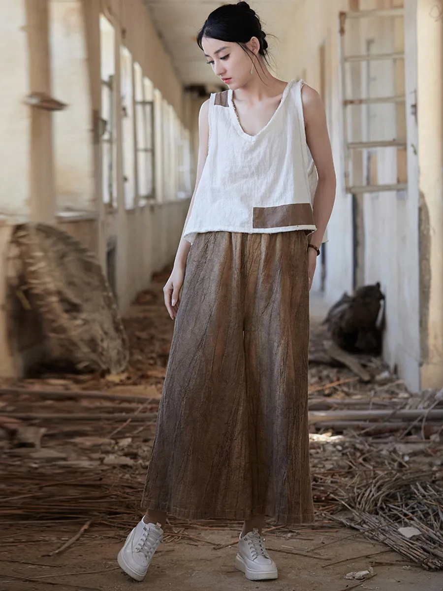 Women Vintage Summer Tie-dye Ramie Wide-leg Pants
