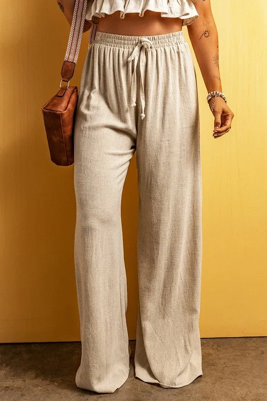 Women's Beige Viscose Linen floor length wide leg pants