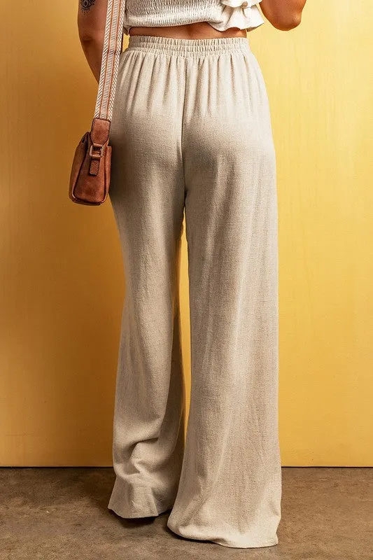 Women's Beige Viscose Linen floor length wide leg pants
