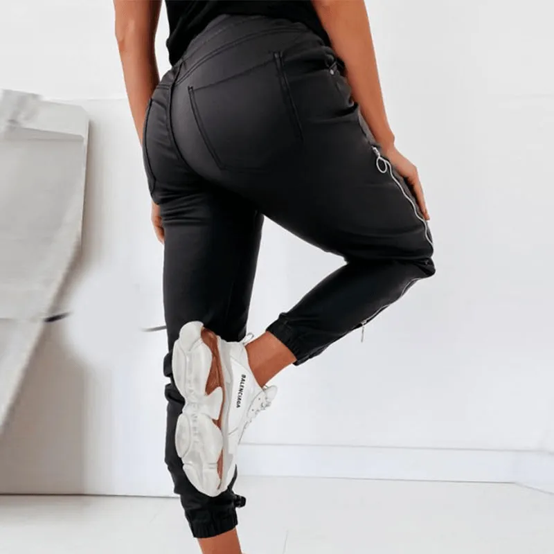 Women'S Casual Leather Pants Decorated with Loose Zippers