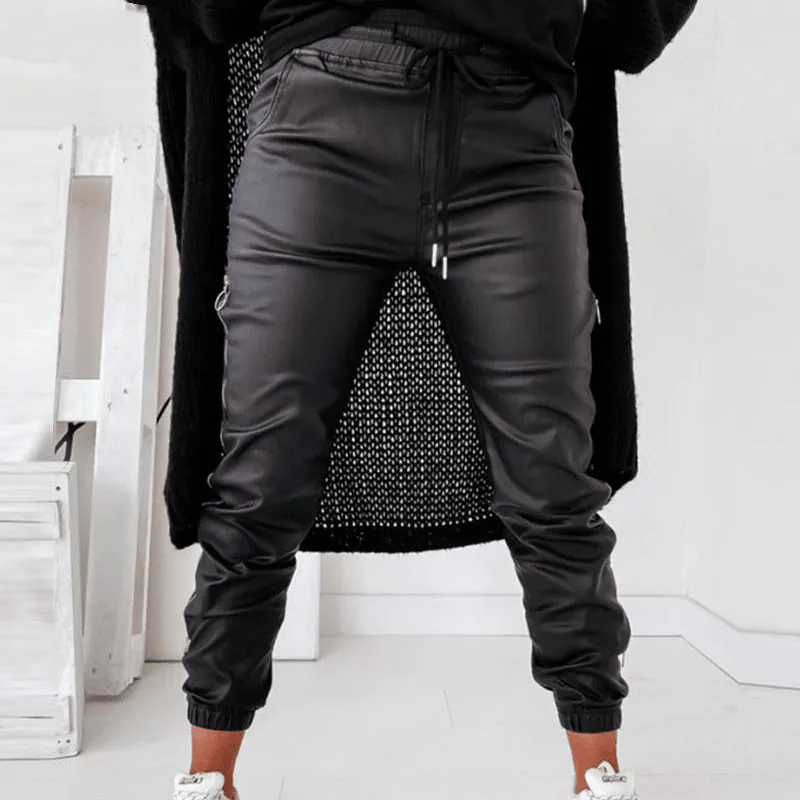 Women'S Casual Leather Pants Decorated with Loose Zippers