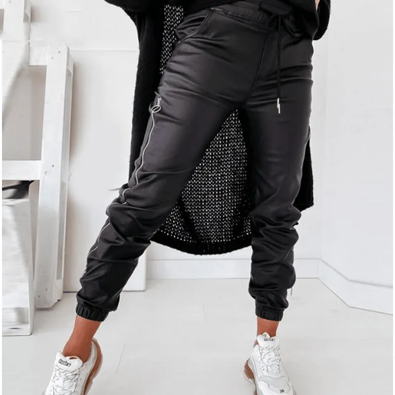 Women'S Casual Leather Pants Decorated with Loose Zippers