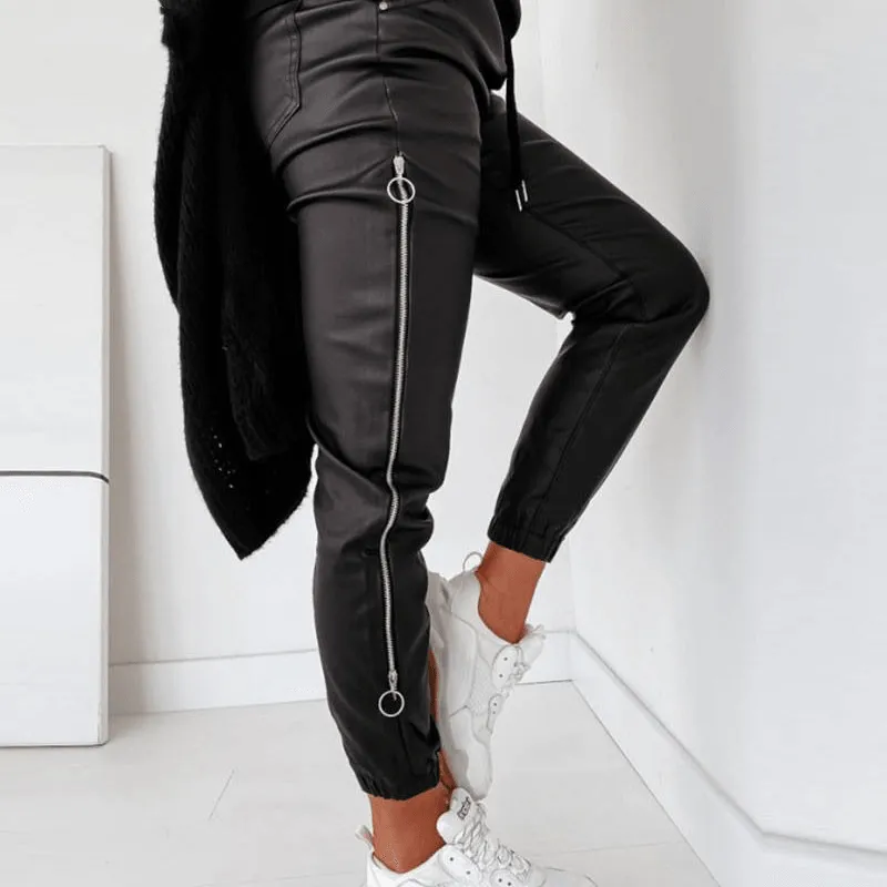 Women'S Casual Leather Pants Decorated with Loose Zippers