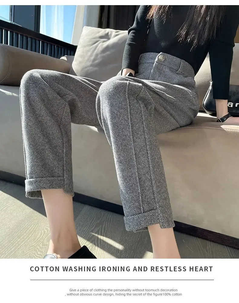 Women's High-Waisted Tweed Herringbone Pants, Ankle-Length, Regular Fit, Casual Style