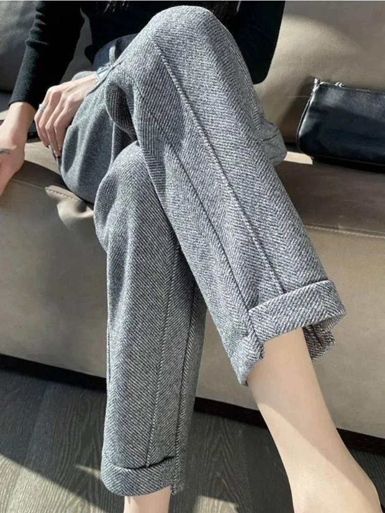 Women's High-Waisted Tweed Herringbone Pants, Ankle-Length, Regular Fit, Casual Style