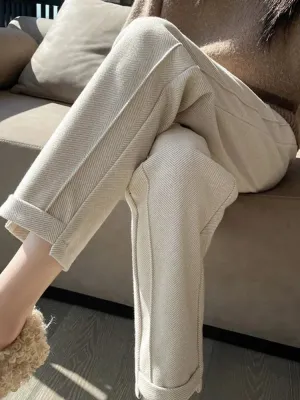 Women's High-Waisted Tweed Herringbone Pants, Ankle-Length, Regular Fit, Casual Style