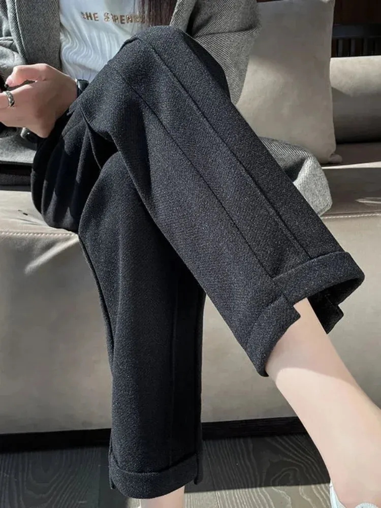 Women's High-Waisted Tweed Herringbone Pants, Ankle-Length, Regular Fit, Casual Style