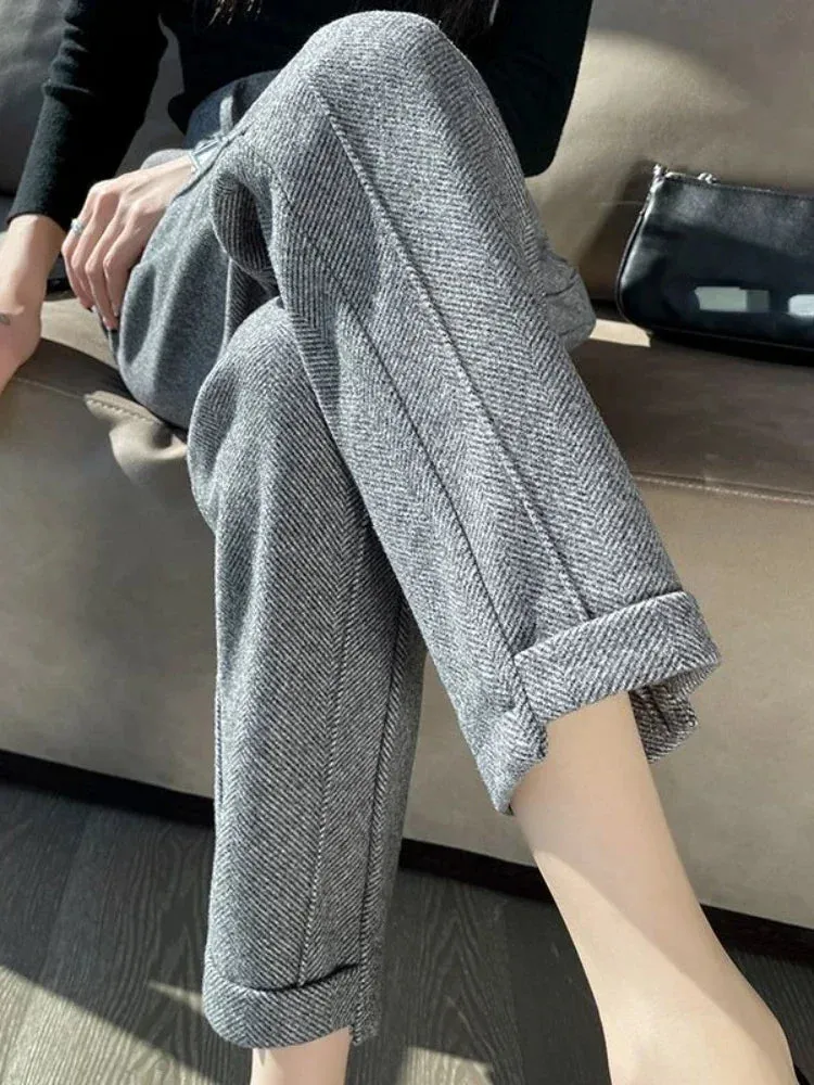 Women's High-Waisted Tweed Herringbone Pants, Ankle-Length, Regular Fit, Casual Style