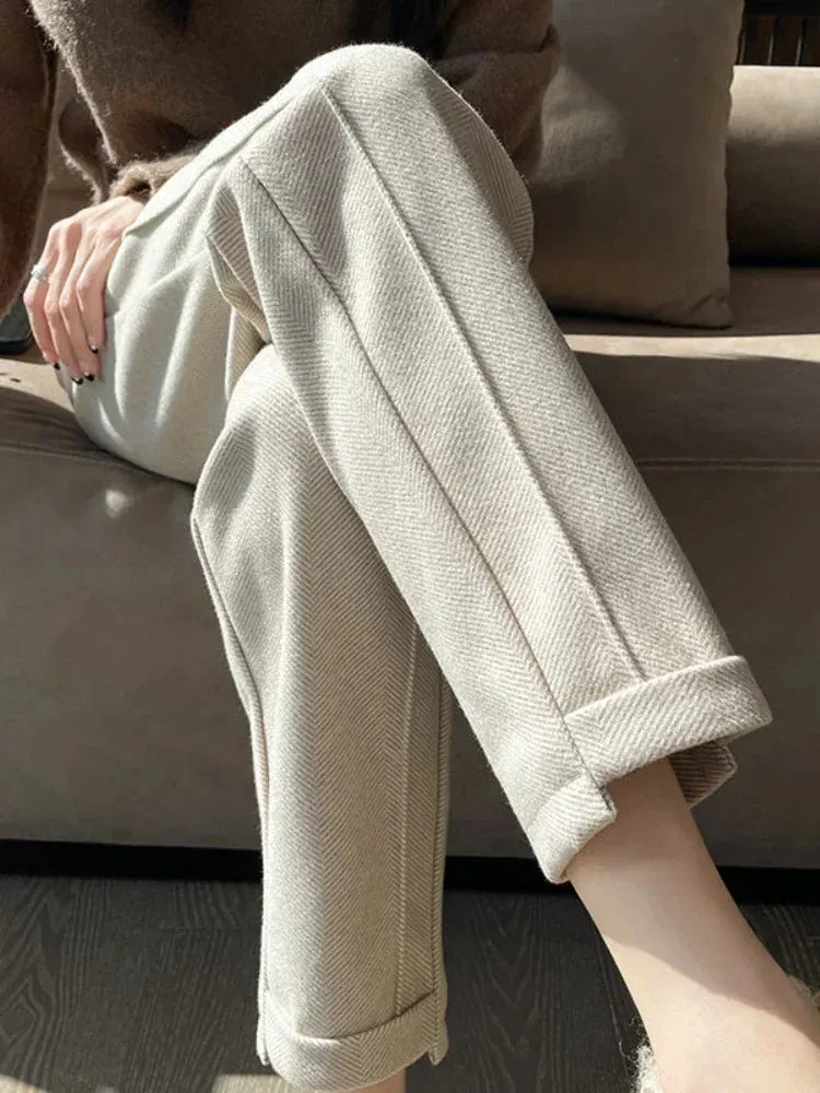 Women's High-Waisted Tweed Herringbone Pants, Ankle-Length, Regular Fit, Casual Style