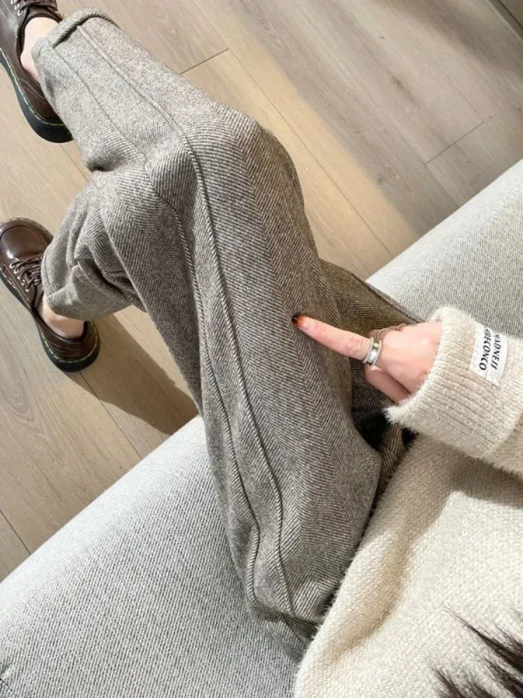 Women's High-Waisted Tweed Herringbone Pants, Ankle-Length, Regular Fit, Casual Style