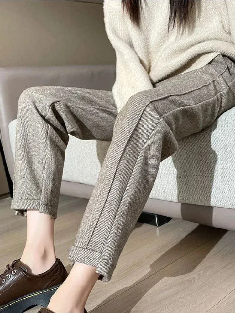 Women's High-Waisted Tweed Herringbone Pants, Ankle-Length, Regular Fit, Casual Style