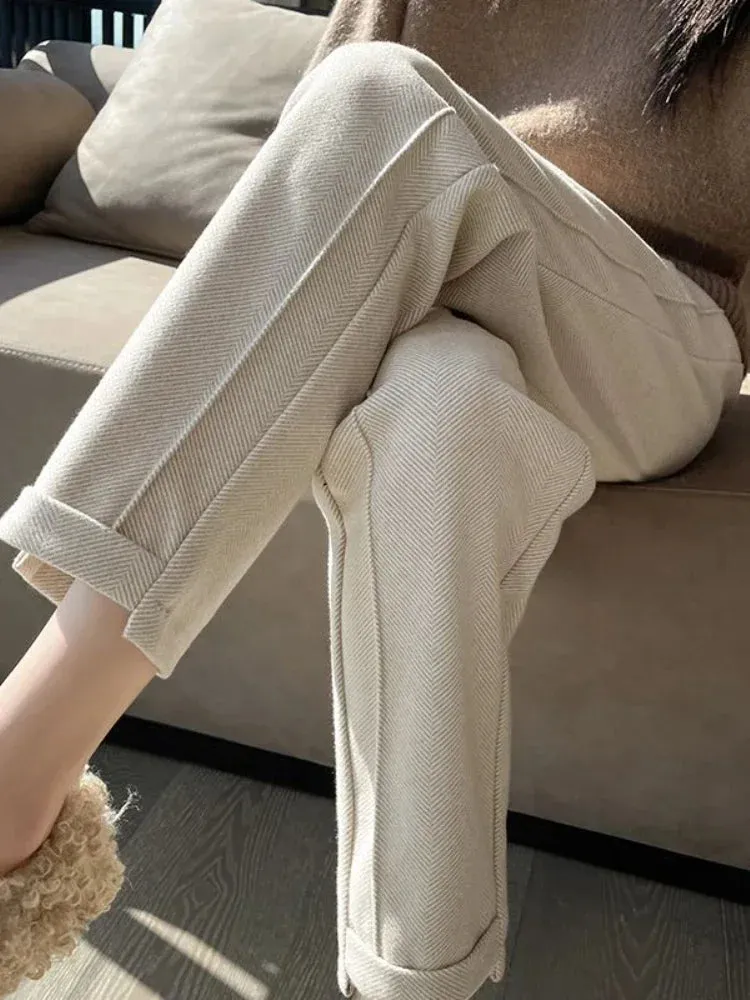 Women's High-Waisted Tweed Herringbone Pants, Ankle-Length, Regular Fit, Casual Style