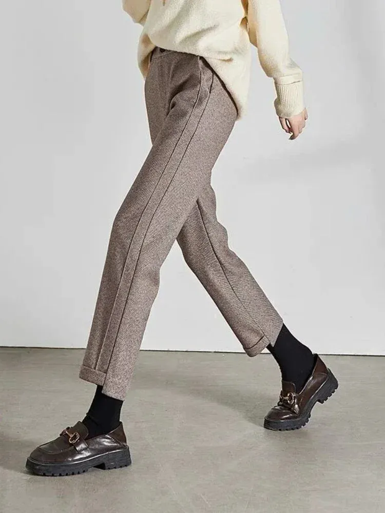 Women's High-Waisted Tweed Herringbone Pants, Ankle-Length, Regular Fit, Casual Style
